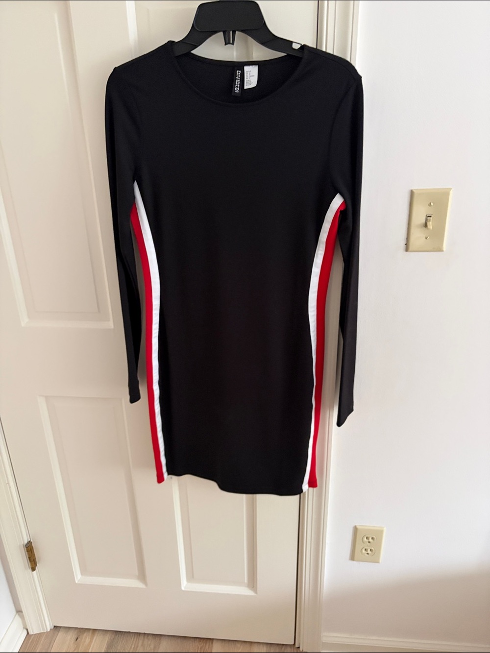 H&M Black Long-Sleeve Bodycon Dress with Red & White Side Panels